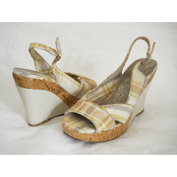 KENZIE IVORY & TAN PLAID COTTON SLINGBACK W PATENT LEATHER WEDGE HEEL SZ 6M - Picture 2 of 8